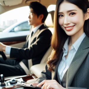 A professional chauffeur in a suit standing beside a luxury car, ready to assist passengers. The image highlights the benefits of hiring a professional chauffeur service, emphasizing safety, convenience, and luxury.